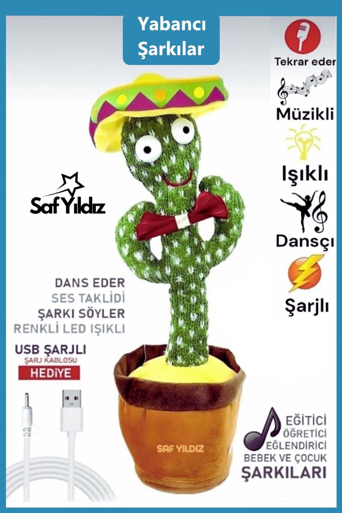 SFYLDZ-215 Konuşan Dans Eden, Müzikli Işıklı Ses Tekrarlı Saksı Kaktüs Peluş Oyuncak