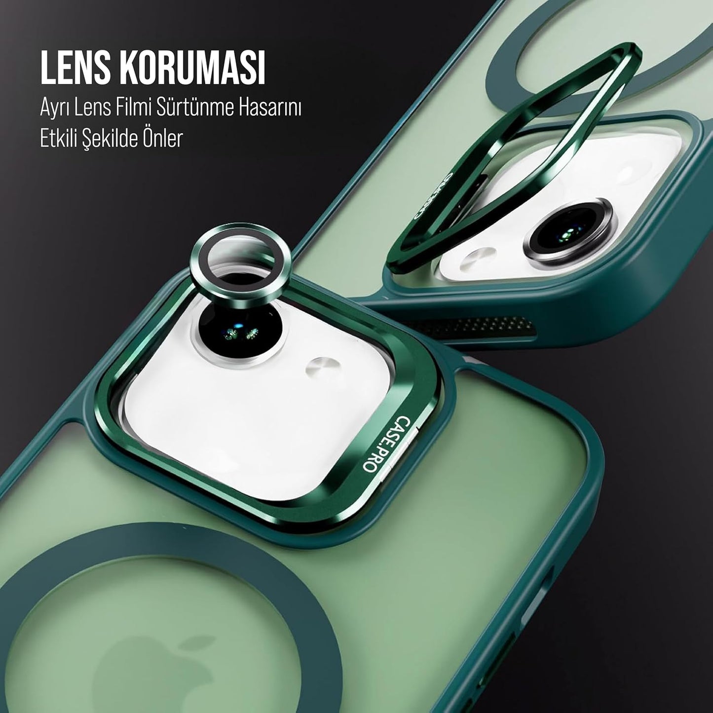 iPhone için Kılıf Kamera Korumalı Magsafe Wireless Şarj Özellikli Mat Şeffaf Renkli Standlı Kılıf (Lens Hediyeli)