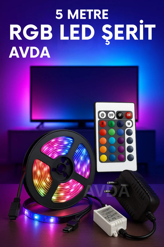 Tak Çalıştır RGB LED Şerit – 5 Metre Yapışkanlı, Renkli Işık Şerit Lamba