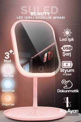 Led Işıklı Makyaj Aynası 3 Modlu Usb Şarjlı Beyaz Dikdörtgen Taşınabilir Açı Ayarlı Güzellik Ayna