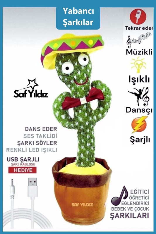 SFYLDZ-215 Konuşan Dans Eden, Müzikli Işıklı Ses Tekrarlı Saksı Kaktüs Peluş Oyuncak