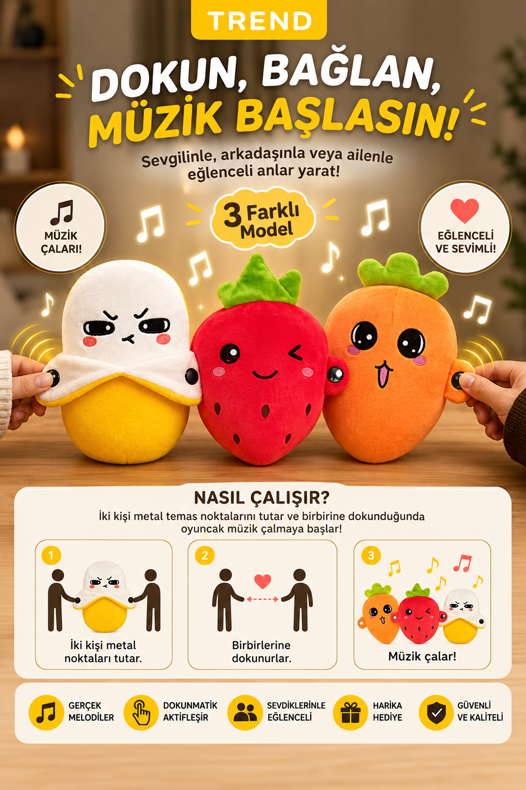 Dokununca Müzik Çalan Etkileşimli Peluş Oyuncak – İki Kişilik Temaslı Müzikli Oyuncak