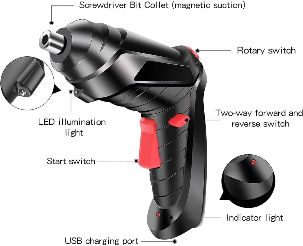 Plawee Elektrikli Tornavida 47 Parça, Siyah Akülü Tornavida, Elektrikli Tornavida 3,5 Nm, Akülü Matkap 3,6 V, Şarj Edilebilir Tornavida