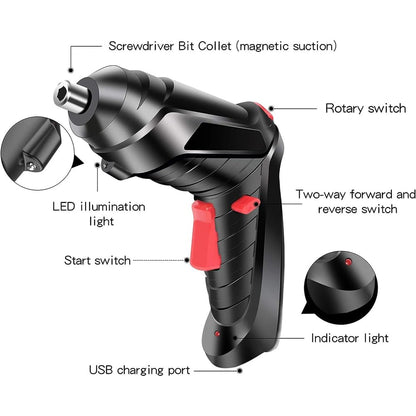 Plawee Elektrikli Tornavida 47 Parça, Siyah Akülü Tornavida, Elektrikli Tornavida 3,5 Nm, Akülü Matkap 3,6 V, Şarj Edilebilir Tornavida