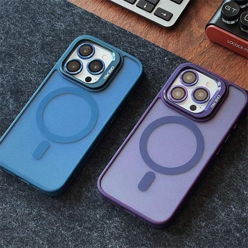 iPhone için Kılıf Kamera Korumalı Magsafe Wireless Şarj Özellikli Mat Şeffaf Renkli Standlı Kılıf (Lens Hediyeli)