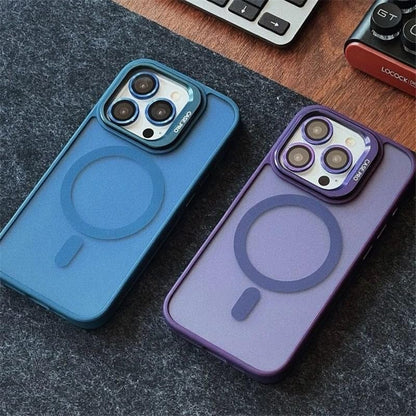 iPhone için Kılıf Kamera Korumalı Magsafe Wireless Şarj Özellikli Mat Şeffaf Renkli Standlı Kılıf (Lens Hediyeli)