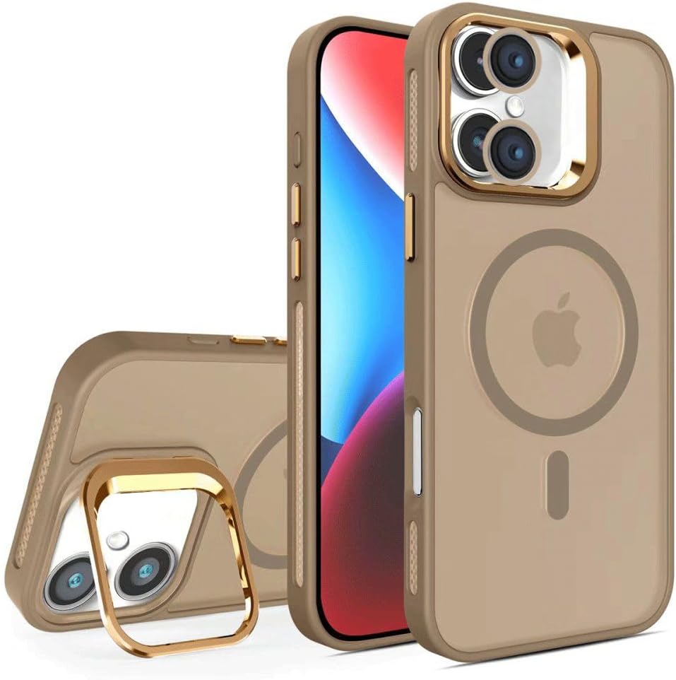 iPhone için Kılıf Kamera Korumalı Magsafe Wireless Şarj Özellikli Mat Şeffaf Renkli Standlı Kılıf (Lens Hediyeli)