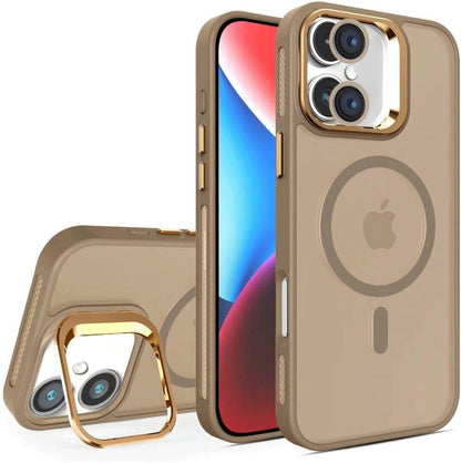 iPhone için Kılıf Kamera Korumalı Magsafe Wireless Şarj Özellikli Mat Şeffaf Renkli Standlı Kılıf (Lens Hediyeli)