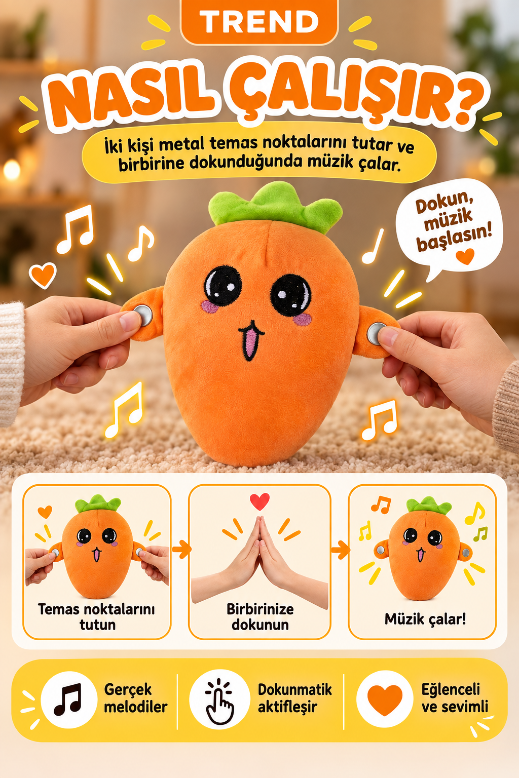 Dokununca Müzik Çalan Etkileşimli Peluş Oyuncak – İki Kişilik Temaslı Müzikli Oyuncak