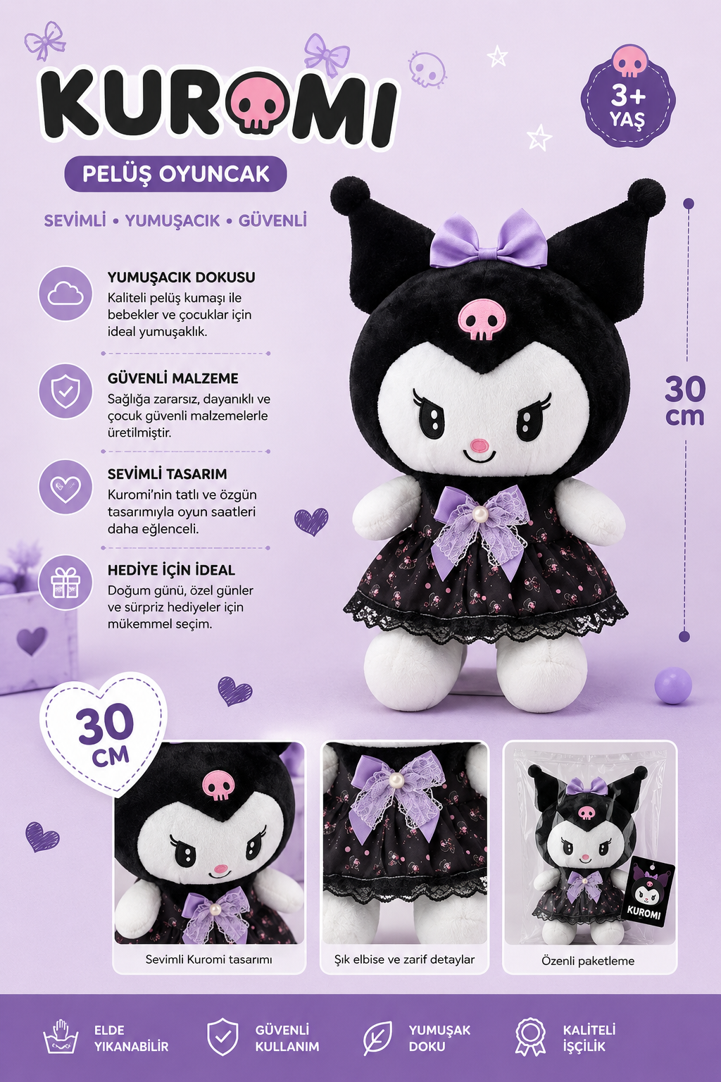 TREND Kuromi Peluş Oyuncak 30 cm Yumuşak Sevimli Peluş Bebek Kawaii Oyuncak