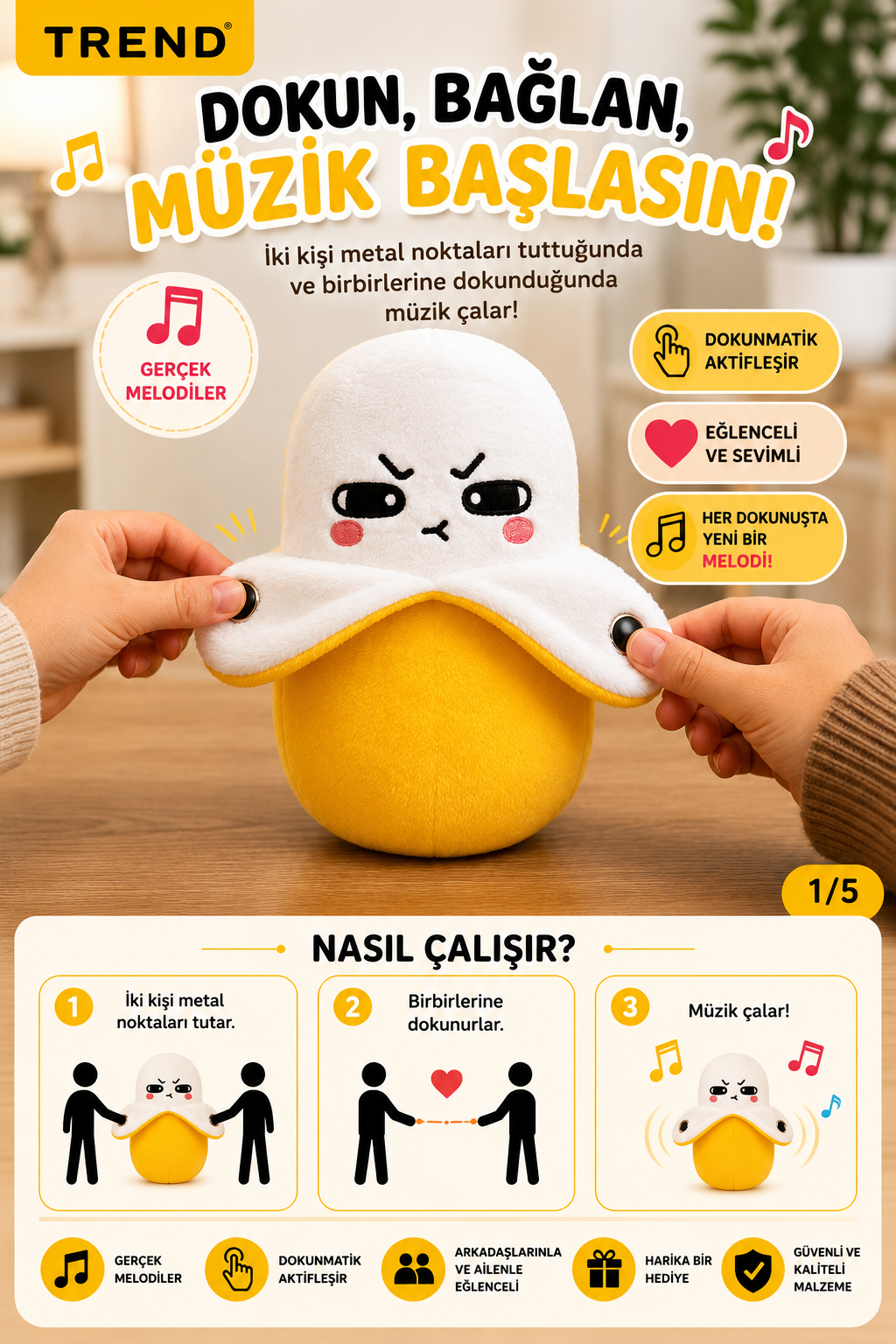Dokununca Müzik Çalan Etkileşimli Peluş Oyuncak – İki Kişilik Temaslı Müzikli Oyuncak