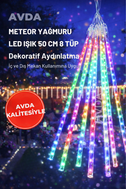 Meteor Yağmuru Akan LED Işık 50 cm 8 Tüp İç Dış Mekan Bahçe Balkon Dekor Süsleme Lambası