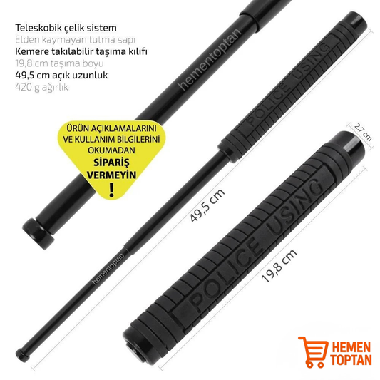 Teleskopik Katlanır Çelik Jop 49,5cm Siyah Polis Copu Kılıflı