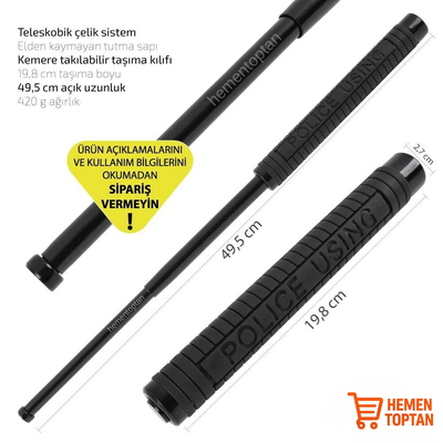 Teleskopik Katlanır Çelik Jop 49,5cm Siyah Polis Copu Kılıflı