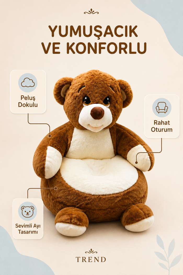 TREND 50 cm Çocuk Peluş Ayı Koltuk – Yumuşak Oyuncak Oturak, Kahverengi