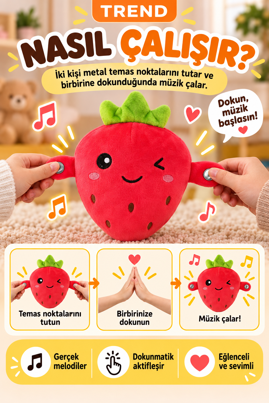 Dokununca Müzik Çalan Etkileşimli Peluş Oyuncak – İki Kişilik Temaslı Müzikli Oyuncak